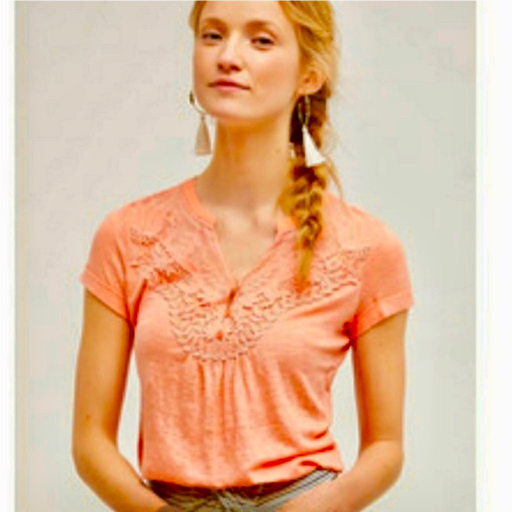Anthropologie Deletta peach linen top with lace details, size medium